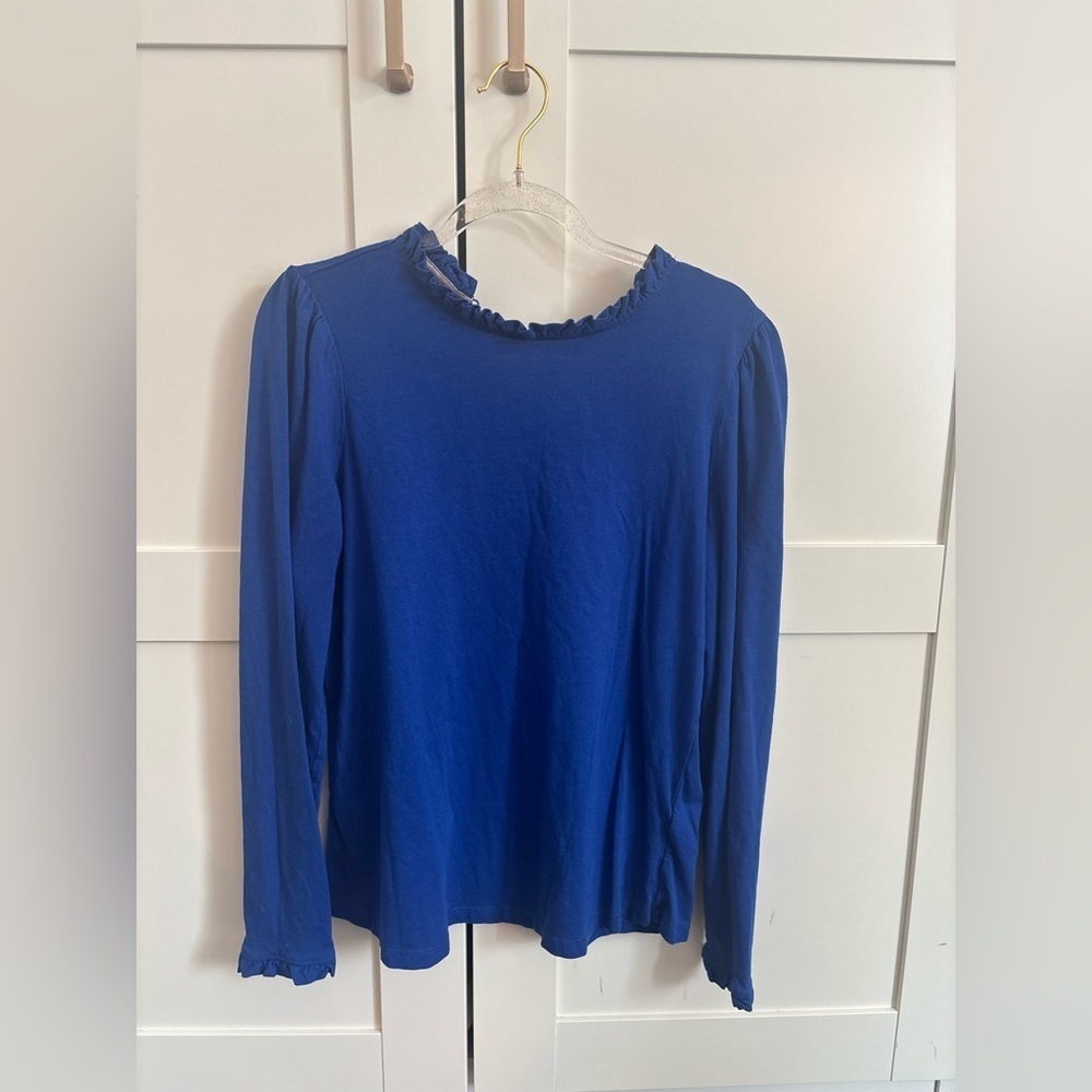 Boden Royal Blue Long Sleeve Top with Ruffle Neckline
